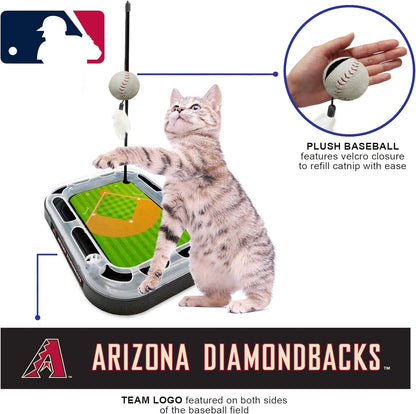 Cat Scratching Toy MLB Arizona Diamondbacks Baseball Field Cat Scratcher Toy with Interactive Cat Ball Bell in Tracks. 5-In-1 CAT Toy: Cat Wand Poll with Catnip Filled Plush Baseball & Feathers.