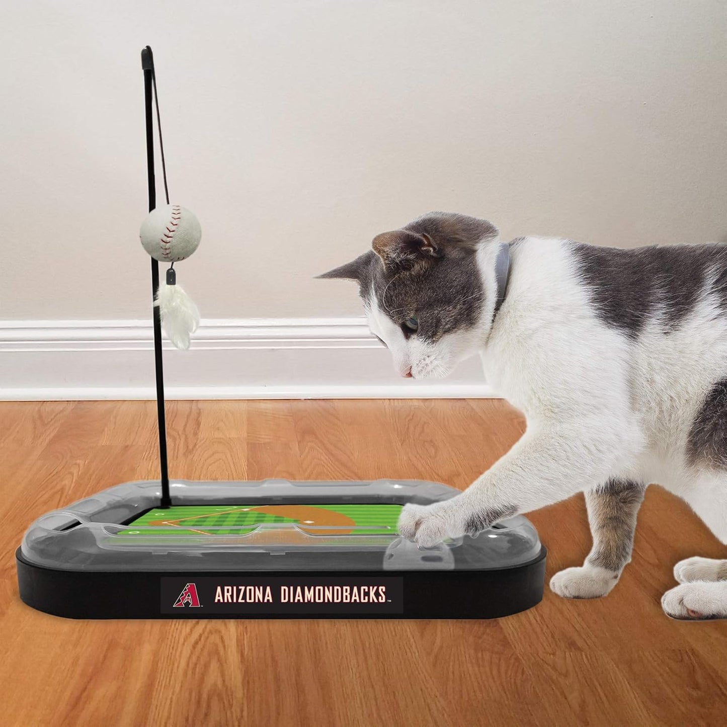 Cat Scratching Toy MLB Arizona Diamondbacks Baseball Field Cat Scratcher Toy with Interactive Cat Ball Bell in Tracks. 5-In-1 CAT Toy: Cat Wand Poll with Catnip Filled Plush Baseball & Feathers.