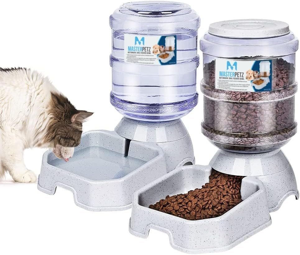 2 Pack Cat Feeder Automatic and Water Dispenser for Dogs Pets, 1 Gallon Gravity Feed Water Bowl Waterer for Small Medium Cats Auto Pet Waterer Replenish